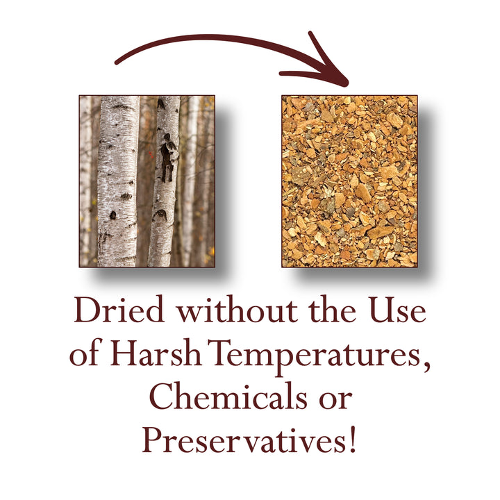 2 images describing that the bark was dried without the use of harsh temperatures, chemicals or preservatives.