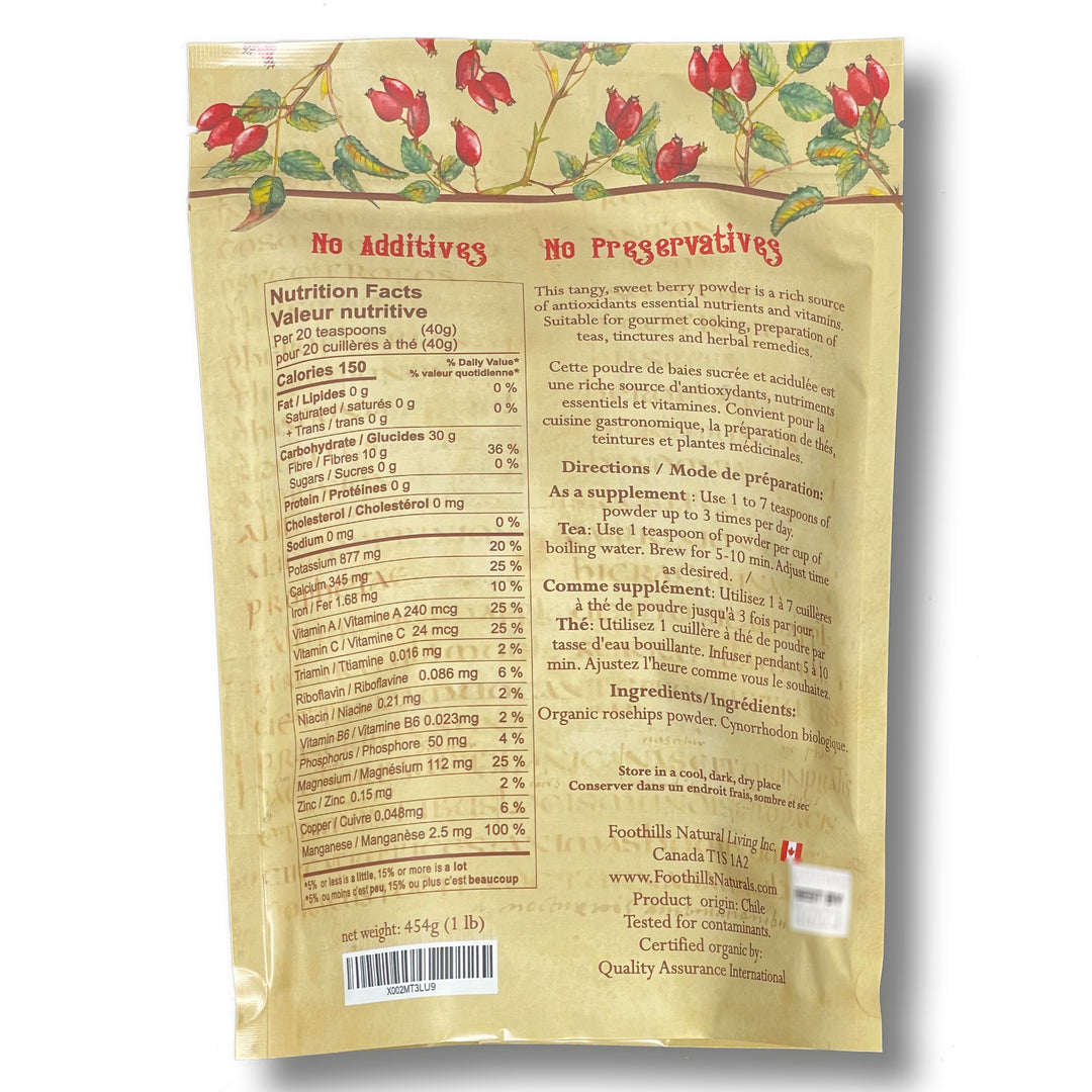 Foothills Naturals Rosehips Powder Organic - 1lb (454g) Cooking, Cosmetics, Tea 400+ Servings | Foothills Naturals Canada | Ancient Herbs for Modern Use